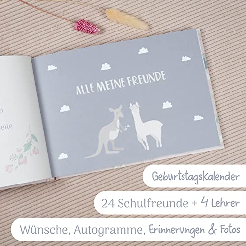 mintkind® „Meine Schulfreunde“ Freundebuch für Mädchen – Freundschaftsbuch für die Grundschule | Geschenk zur Einschulung | Schulfreundebuch zum Ausfüllen im Alpaka und Regenbogen Design