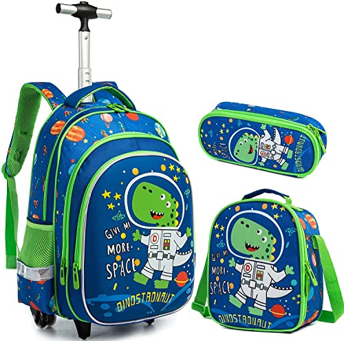 Amythe Kinderrucksack Jungen Schulranzen Trolley, Schultaschen-Sets Jungen mit Lunch Tasche Mäppchen Cartoon Gedruckt Hartschalen Dinosaurier Rucksack mit Rollen für 1 2 3 4 5 klasse