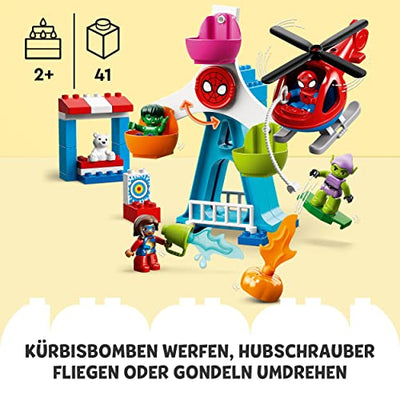 LEGO 10963 DUPLO Marvel Spider-Man & Friends: Jahrmarktabenteuer, Freizeitpark mit Spielzeug-Hubschrauber, Hulk und Green Goblin Figur, Spielzeug für Mädchen und Jungen ab 2 Jahre