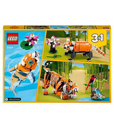 LEGO 31129 Creator Majestätischer Tiger, Panda oder Fisch, 3-in-1 Tierfiguren-Set, Spielzeug für Kinder, Konstruktionsspielzeug mit Tieren, Geschenk zu Weihnachten