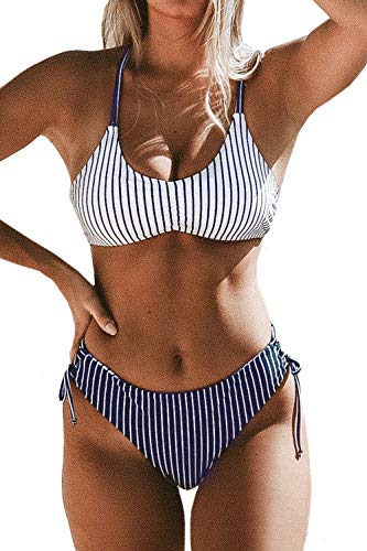 CUPSHE Damen Bikini Set mit geflochtenen Trägern Hinten Gestreifte Bademode Wende-Slip Zweiteiliger Badeanzug Weiß XL