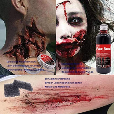 rnairni Halloween Plasma Makeup Spezialeffekt Haut Wachs and Filmblut, Narbenwachs 50g & Fake Blood Kunstblut 100ml & Schwamm & Spatel, für Halloween Partys, Kostümfeste, Karneval, Vampir, Zoombie