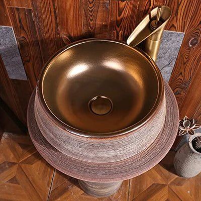 YRRA Waschtisch Stehend Badmöbel Keramik Mode Carving Rund Waschbecken Washbasin with Combination Tap and Drain für drinnen und draußen,H,Without Mirror