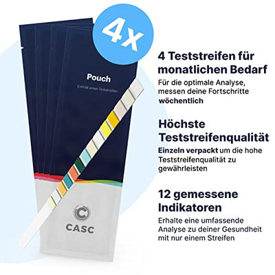 CASC Flow | Urin Teststreifen mit App - 12 Indikatoren - 4 x Urinteststreifen pro Set - Keto Sticks Urin, Ketone Messgerät, PH Wert Teststreifen Urin, Blasenentzündung Teststreifen