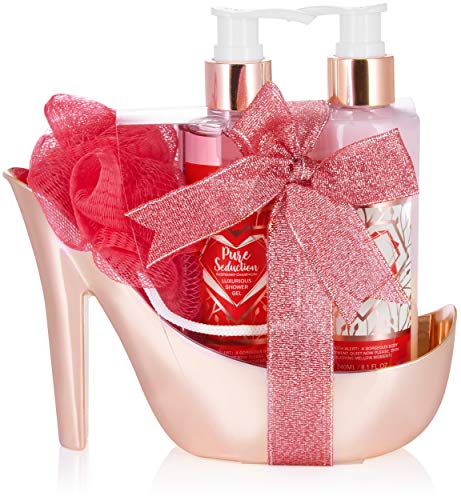 BRUBAKER Cosmetics 4-tlg. Bade- und Dusch Set Himbeere Champagner - Pflegeset Geschenkset in High Heel Rosé Gold