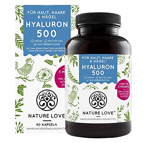 NATURE LOVE® Hyaluronsäure Kapseln mit Zink - Hochdosiert: 500mg - Vegan - 90 Stück (3 Monate) - 500-700 kDa