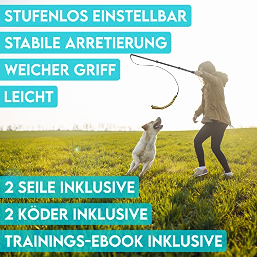 HUND IST KÖNIG® Reizangel Hunde - Profi Reizangel für Hunde für ultimativen Spielspaß & körperliche Auslastung - Hochwertige Reizangel Hund inkl. 2 Tauen + Ersatzseil + eBook - robust & leicht