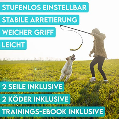 HUND IST KÖNIG® Reizangel Hunde - Profi Reizangel für Hunde für ultimativen Spielspaß & körperliche Auslastung - Hochwertige Reizangel Hund inkl. 2 Tauen + Ersatzseil + eBook - robust & leicht