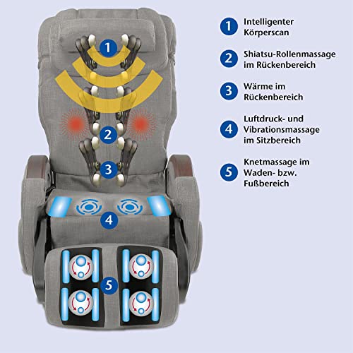 maxVitalis Massagesessel mit elek. Aufstehfunktion, Shiatsu-Massage, Wärmefunktion, 4 Massagetechniken, 6 Massagezonen, Transportrollen, inkl. Kopf- & Nackenkissen (Stoff Graumeliert)