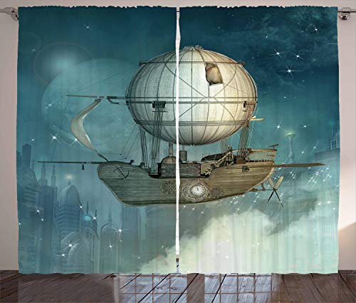 ABAKUHAUS Steampunk Rustikaler Vorhang, Futuristisches Luftschiff, Wohnzimmer Universalband Gardinen mit Schlaufen und Haken, 280 x 245 cm, Benzinblau und Tan