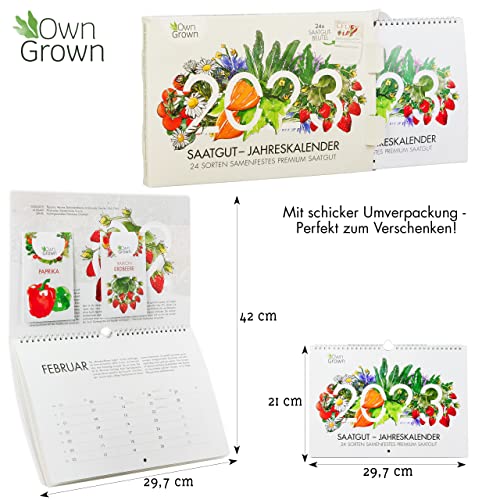 Saatgut Kalender 2023 Wandkalender A4: Garten Wandkalender 2023 – Monatskalender mit 24 Sorten Gemüse Samen, Kräuter, Obst, Blumen – OwnGrown Jahreskalender 2023