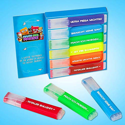 6x Lustige Textmarker - das frech bunte Marker Set zum lernen u. markieren ist die Geschenk-Idee für alle Studenten Schüler Lehrer und Büro Kollegen - die Highlighter Stifte sind das Bürozubehör