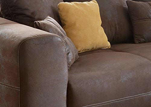 Cavadore Ecksofa Mavericco / Polster Eck-Couch mit Kissen in Antik-Leder-Optik und Holzfüßen / Longchair rechts / 285 x 69 x 170 / Mikrofaser Braun