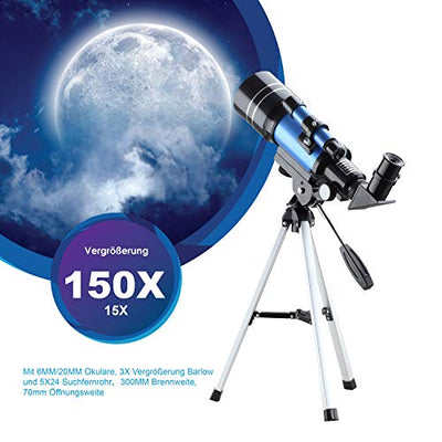 Aomekie Teleskop Kinder Einsteiger 70MM Teleskop Astronomie mit Smartphone Adapter Aluminium Stativ Barlow und Umkehrlinse