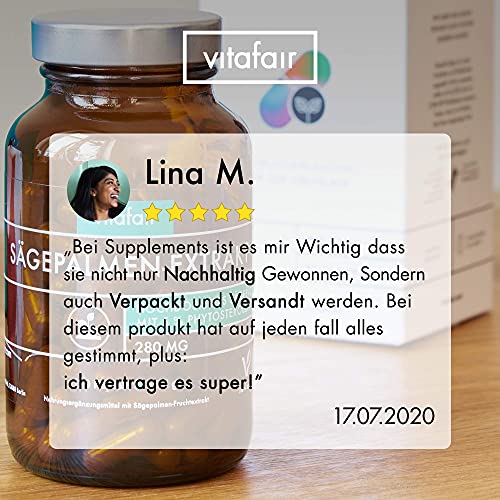 VITAFAIR Sägepalmenextrakt (280mg pro Tagesdosis) - 180 Vegane Kapseln in Braunglas, Ohne Magnesiumstearat, German Quality - 5% Phytosterole = 14 mg - Hochdosiertes Sägepalmextrakt