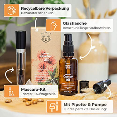 RIZINUSÖL BIO | 100% Rein, Natürlich & Kaltgepresst | Wimpern, Augenbrauen, Körper, Haare, Bart, Nägel | Vegan & Cruelty Free | Castor Oil | Glasflasche + Pipette + Pumpe + Mascara Kit (50ml)