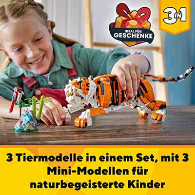 LEGO 31129 Creator Majestätischer Tiger, Panda oder Fisch, 3-in-1 Tierfiguren-Set, Spielzeug für Kinder, Konstruktionsspielzeug mit Tieren, Geschenk zu Weihnachten