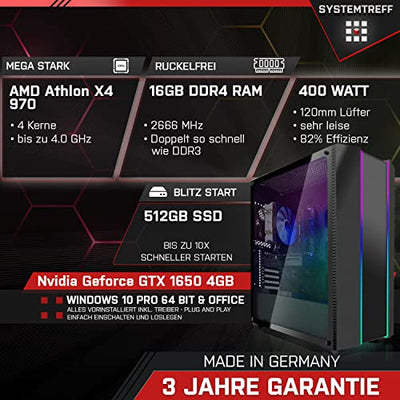 SYSTEMTREFF® Basic Gaming PC AMD Athlon X4 970 4x4GHz | Nvidia Geforce GTX 1650 4GB DX12 | 512GB SSD | 16GB DDR4 RAM | Windows 10 | WLAN Desktop Computer Rechner für Gamer, Zocker