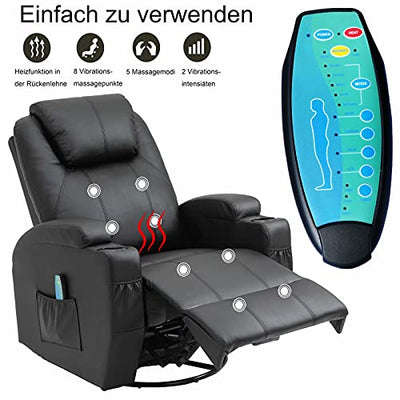 Fernsehsessel Relaxsessel Massagesessel mit Wärmefunktion und Vibration,Fernbedienung 360° Drehbar Black