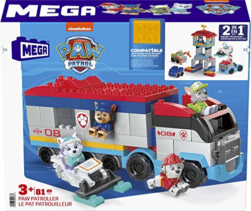 MEGA HJN73 - Paw Patrol Bauset, Paw Patroller mit Figuren von Chase, Marshall, Rocky und Everest sowie 76 großen Bausteinen und Teilen, Spielzeug-Geschenkset für Kinder ab 3 Jahren