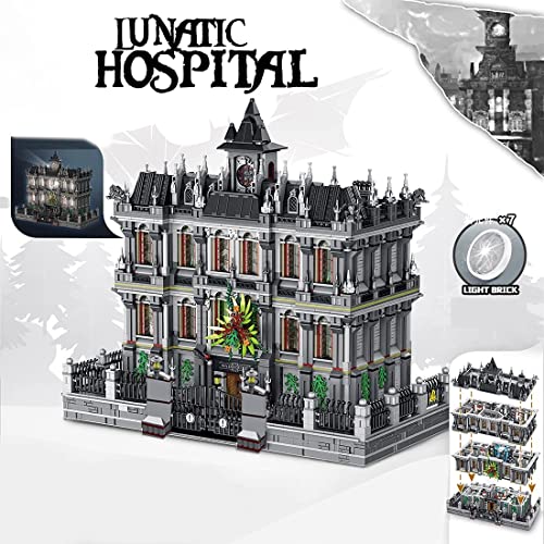 Arkham Asylum Modellbausatz, 4-stöckiges groß Modular Gebäude mit LED Beleuchtungsset, 7500 Teile Klemmbausteine Set Kompatibel mit Lego Arkham Asylum