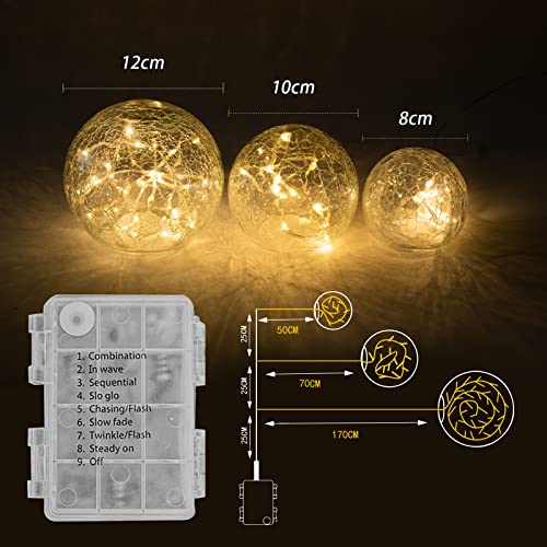 Zodight LED Glaskugel 3er Set, Warmweiß Weihnachtsdeko Glaskugel Beleuchtet mit Crackle Glas, 8 Modi LED Deko Glaskugel Lampe Batteriebetrieben für Innen/Herbstdeko/Tischdeko/Schlafzimmer/Wohnzimmer