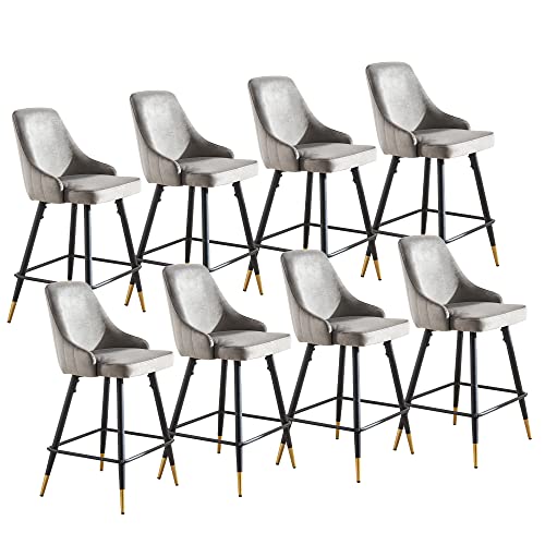 Barhocker 8er Set, Barstühle Tresenhocker aus Samt Moderne Küchenhocker mit Lehne fußstütze, Tresenhocker Tresenstuhl Hocker sitzhöhe 65 cm für Küche, Bar, Kücheninsel, Hausbar, Café Grau