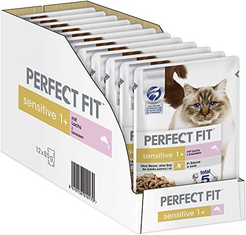 Perfect Fit Sensitive 1+ – Nassfutter für erwachsene, sensible Katzen ab 1 Jahr – Lachs in Sauce – Ohne Weizen & Soja – Unterstützt die Verdauung – 12 x 85 g