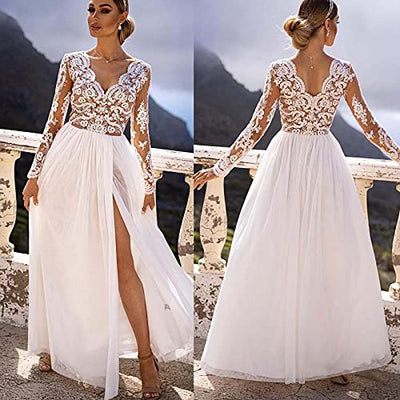 Damen Elegantes V-Ausschnitt Abendkleid, Damen Langarm Aushöhlen Spitze Perspektive Kleid Für Party Hochzeit Cocktail