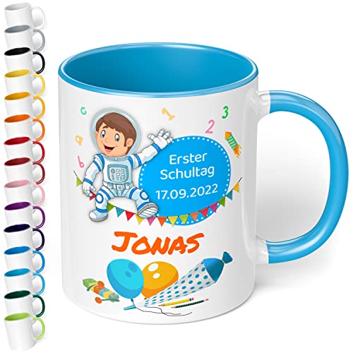 Geschenk zur Einschulung für Mädchen und Jungen: personalisierte Tasse "Erster Schultag" mit Name und Datum (Astronaut, Hellblau)