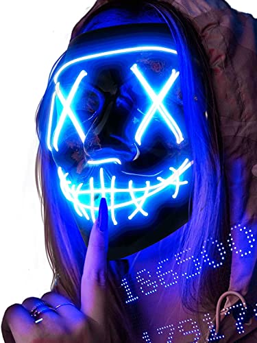 AnanBros Halloween Maske, LED Purge Maske im Dunkeln Leuchtend, Halloween Purge Maske 3 Beleuchtungsmodi für Kostümspiele Cosplays Feste und Partys - Blau