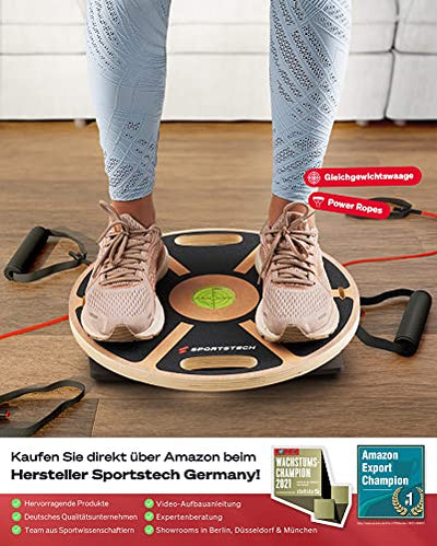 Sportstech Premium Balance Board aus Holz & integrierter Gleichgewichtswaage | Fitnessgerät für Zuhause | Gleichgewichtstrainer & Wackelbrett für Ganzköpertraining | Plank Board mit Power-Rope | BB100