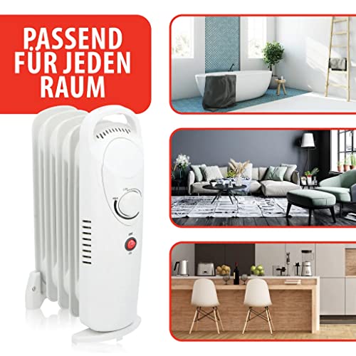 JUNG Heizung Elektrisch mit Thermostat, Ölradiator 500 Watt Energiesparend, mobile Elektroheizung für Räume bis 15qm, Elektrische Heizgerät Mobil mit 5 Lamellen, weiß