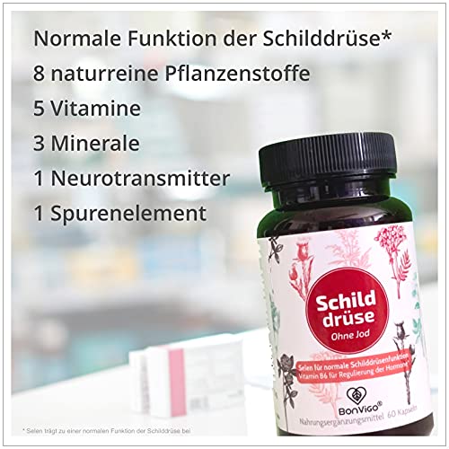 BonVigo® Schilddrüse Kapseln - Normale Schilddrüsenfunktion*, Hormone regulieren** - Pflanzen-Orthomolekular Komplex: Ashwagandha, Yams, Bärlauch, L-Tyrosin, Selen, Zink, Eisen, Vitamine A-B-D-E (1)