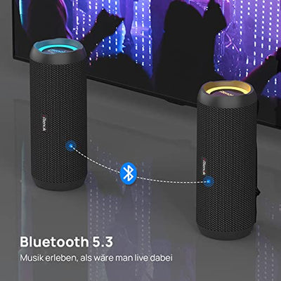 RIENOK Bluetooth Lautsprecher mit Licht Bluetooth 5.3 Musikbox Bass Kabellos Box mit IPX7 wasserdicht 30W Stereo Sound Tragbar