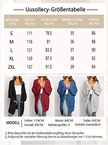 Uusollecy Strickjacke Damen Lang Einfarbige Grobstrick Strickcardigan, Herbst Winter Waffel Strickmantel, Casual Langarm Open Front Sweater Cardigan Outwear mit Tasche Schwarz XL