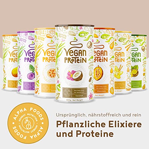 Vegan Protein - KOKOS - Pflanzliches Proteinpulver aus gesprossten Reis, Erbsen, Sojabohnen, Leinsamen, Amaranth, Sonnenblumen- und Kürbiskernen - 600 Gramm Pulver