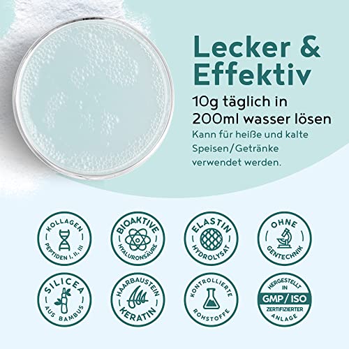 Strukturprotein - Collagen mit Marine Elastin, Hyaluronsäure, Keratin und Silicea - Kollagen Hydrolysat Peptide Type I, II, III & IV - Geschmacksneutral - 450g Collagen Pulver