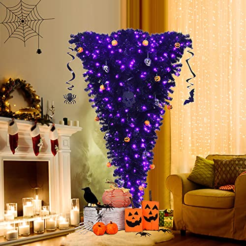 DREAMADE 180cm schwarz künstlicher Weihnachtsbaum, beleuchteter Halloweenbaum, klappbarer künstlicher Tannenbaum mit LED-Lichtern, umgedrehter Deko-Baum für Haus, Büro, Karneval, Grusel-Themenparty