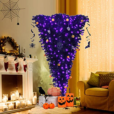 DREAMADE 180cm schwarz künstlicher Weihnachtsbaum, beleuchteter Halloweenbaum, klappbarer künstlicher Tannenbaum mit LED-Lichtern, umgedrehter Deko-Baum für Haus, Büro, Karneval, Grusel-Themenparty