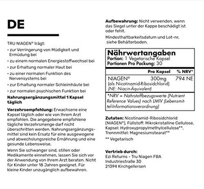 TRU NIAGEN Nicotinamide Ribosid NAD+ Supplement Patentierte Formel NR ist effizienter als NMN, 300 mg pro Portion 30 Tage (1 Monat / 1 Flasche)