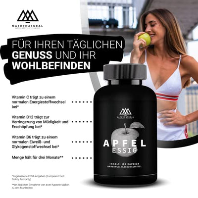 APFELESSIG | 445mg Apfelessig Pulver - 180 Stück - 3 Monate | Stoffwechselkapseln | Apfelessig-Kapseln | Ideal für Stoffwechsel Kur