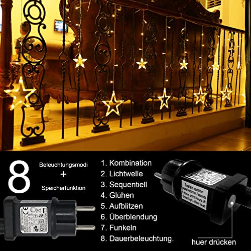 12 Sterne LED Lichterkette, Lichtervorhang weihnachtslichter Sternenvorhang 138 LEDs 8 Modi Für Innen Außen, Weihnachten, Party, Deko, Hochzeit, Garten, Balkon