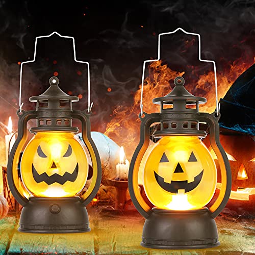 Kürbis Licht, 3 Stück Halloween Laterne mit LED Kerze, Kürbis Laterne Teelichter Batterie LED Kürbis Licht Vintage Laterne Nachtlicht Tragbare Kürbis Lichter für Halloween Deko