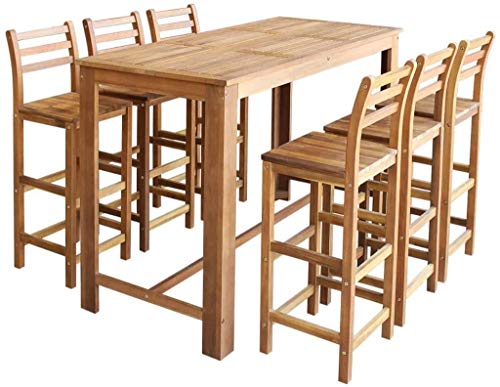 lyrlody- Set aus Tisch und Barhocker, 7-teilig, Couchtisch, Massivholz, Akazienholz, mit Öl-Finish, robust und wasserdicht, 150 x 70 x 105 cm + 42 x 36 x 110 cm