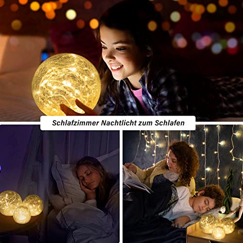 Zodight LED Glaskugel 3er Set, Warmweiß Weihnachtsdeko Glaskugel Beleuchtet mit Crackle Glas, 8 Modi LED Deko Glaskugel Lampe Batteriebetrieben für Innen/Herbstdeko/Tischdeko/Schlafzimmer/Wohnzimmer