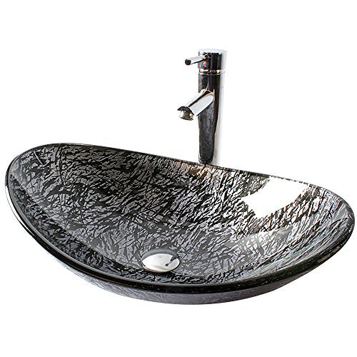 HomeLava Aufsatzwaschbecken Modern Gehärtetes Glas Oval Waschbecken mit Ablaufgarnitur, Montagering (ohne Wasserhahn)