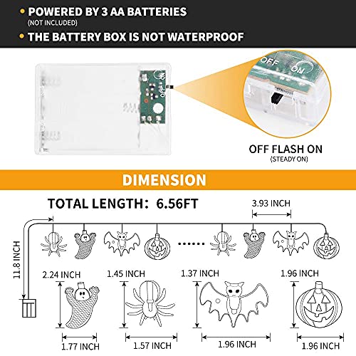 WUJUN Halloween-Lichterkette 2m 20LEDs, Kürbisse, Geister, Fledermäuse, Spinne, batteriebetrieben, Lichterkette für Fenster, Veranda, Treppen, Bar, Halloween, Dekorationen