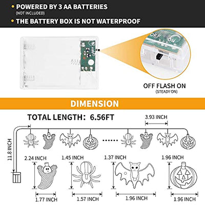 WUJUN Halloween-Lichterkette 2m 20LEDs, Kürbisse, Geister, Fledermäuse, Spinne, batteriebetrieben, Lichterkette für Fenster, Veranda, Treppen, Bar, Halloween, Dekorationen