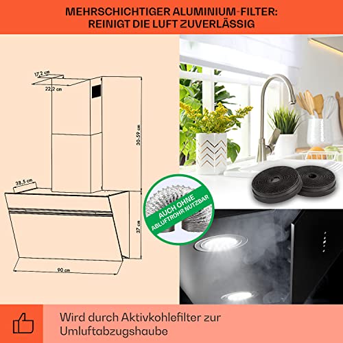 Klarstein Alina Smart Dunstabzugshaube, Abzugshaube für Küchen, Dunstabzugshaube mit Filter, Dunstabzug mit 594 m³/h Luftstrom, Wi-Fi-Steuerung, LED Beleuchtung, Dunstabzugshaube 90cm, Umluft